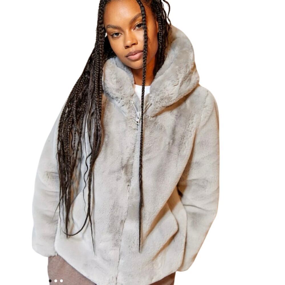 Urban Outfitters Faux Fur Hooded Zip Front Jacket Size Small Gray Oversized NEW